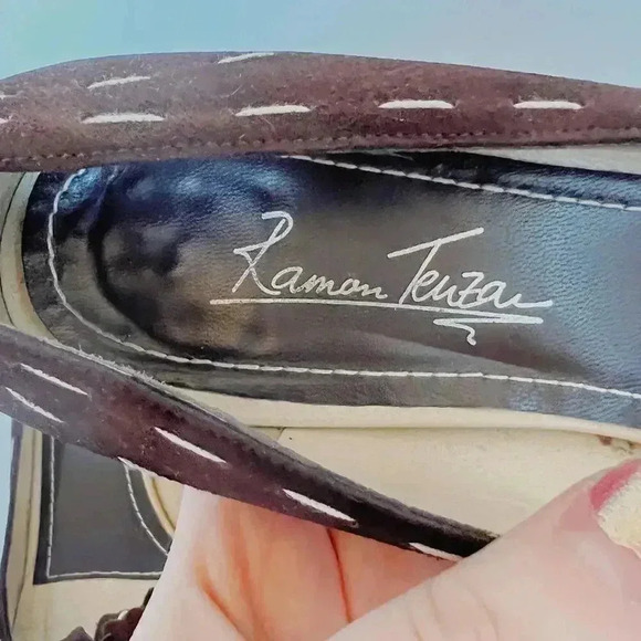 y2k Vintage Ramon Tenza Brown Suede Cream Pointed Toe Heels Flower Size 8.5 - Picture 9 of 15